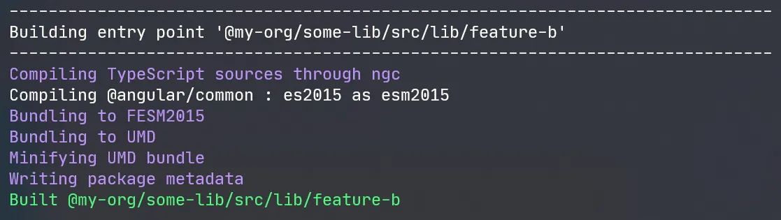 Example of a console output when building Angular library implemented using ng-packgaer sub-entries