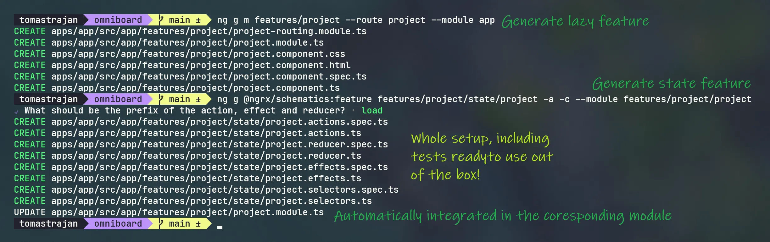 Example of files generated by running Angular Schematics to generate lazy loaded module and a NgRx state feature for that module