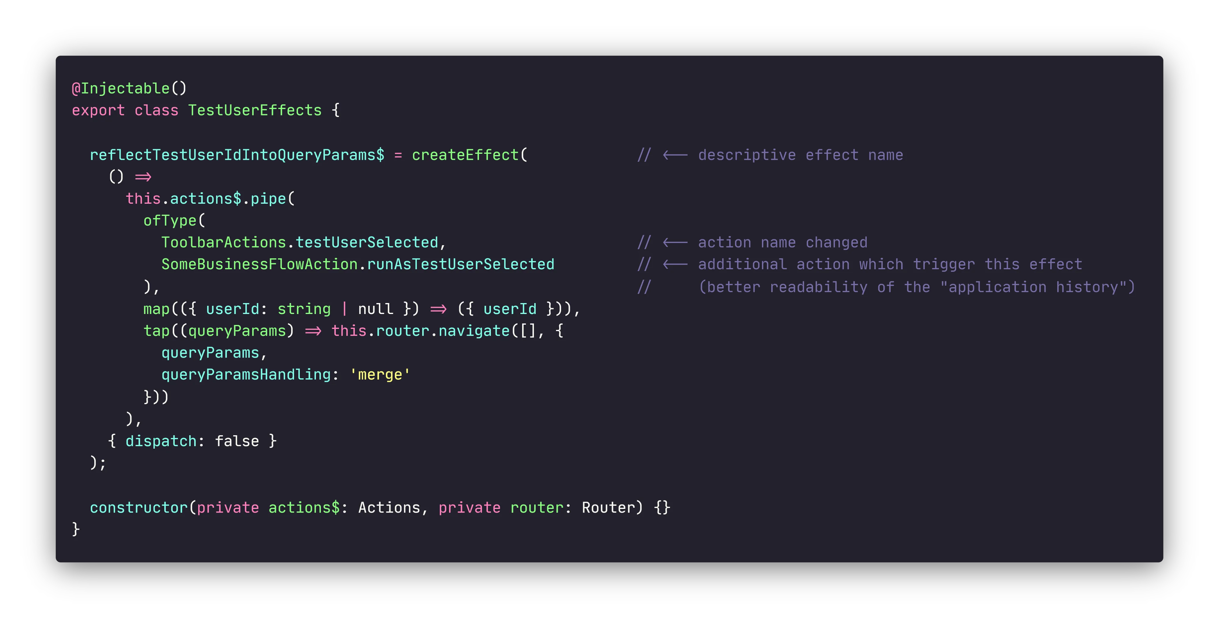 NgRx effect which reflects **userId** into the URL as a query parameter with better naming and multiple trigger actions to improve readability of the “application history”