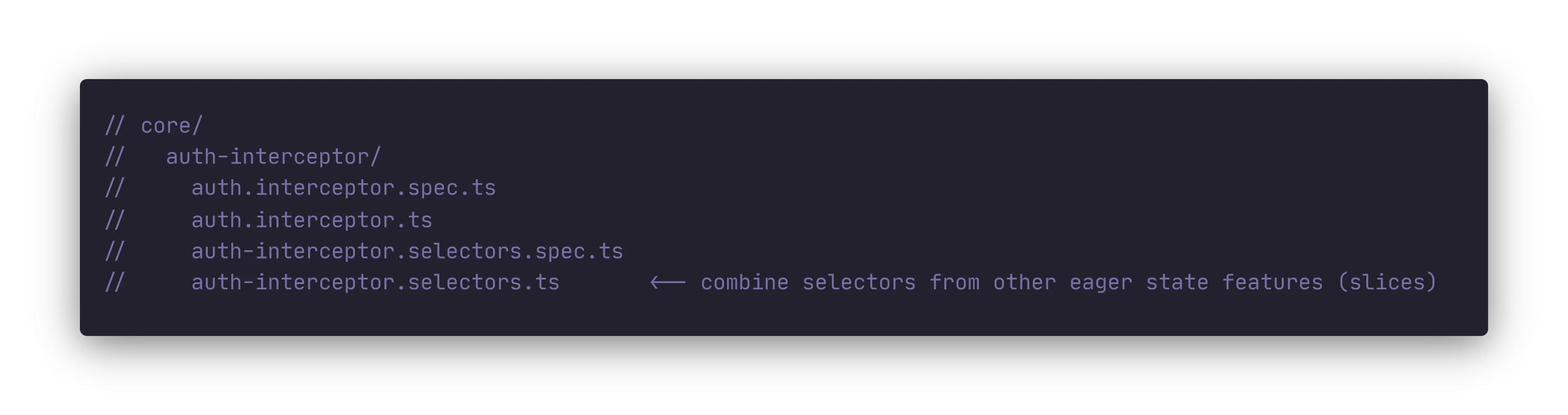 Example of a dedicated local NgRx selector to provide state for the auth-interceptor by combining data that is made available by selectors exposed by other eager NgRx state modules (slices / features )