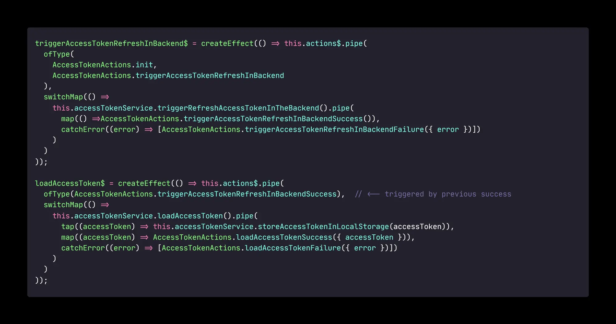 Example of NgRx effect logic which could have been implemented as a single effect but is much more manageable and easier to understand when split into multiple smaller standalone effects