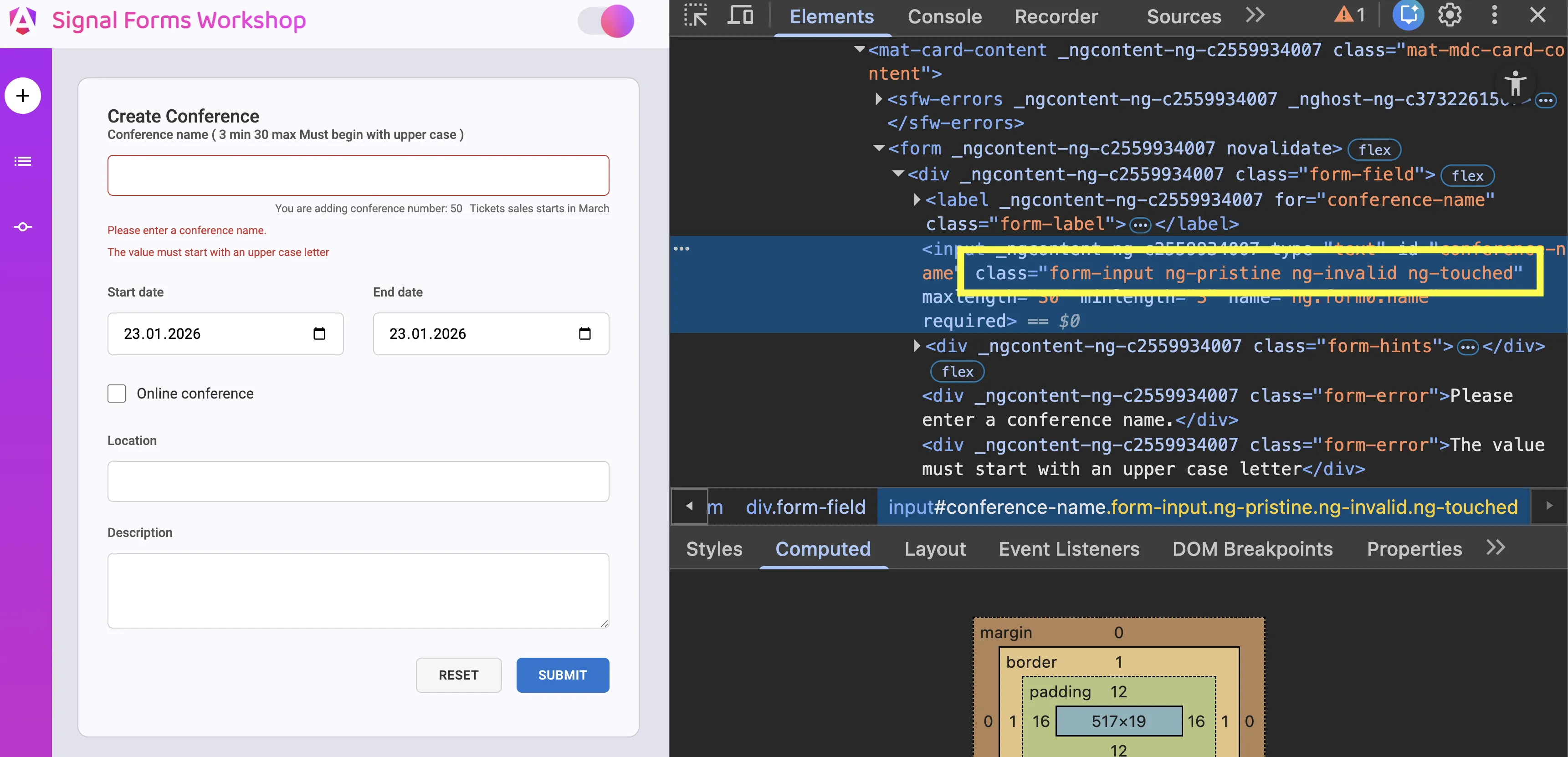 Signal Form with CSS state classes enabled