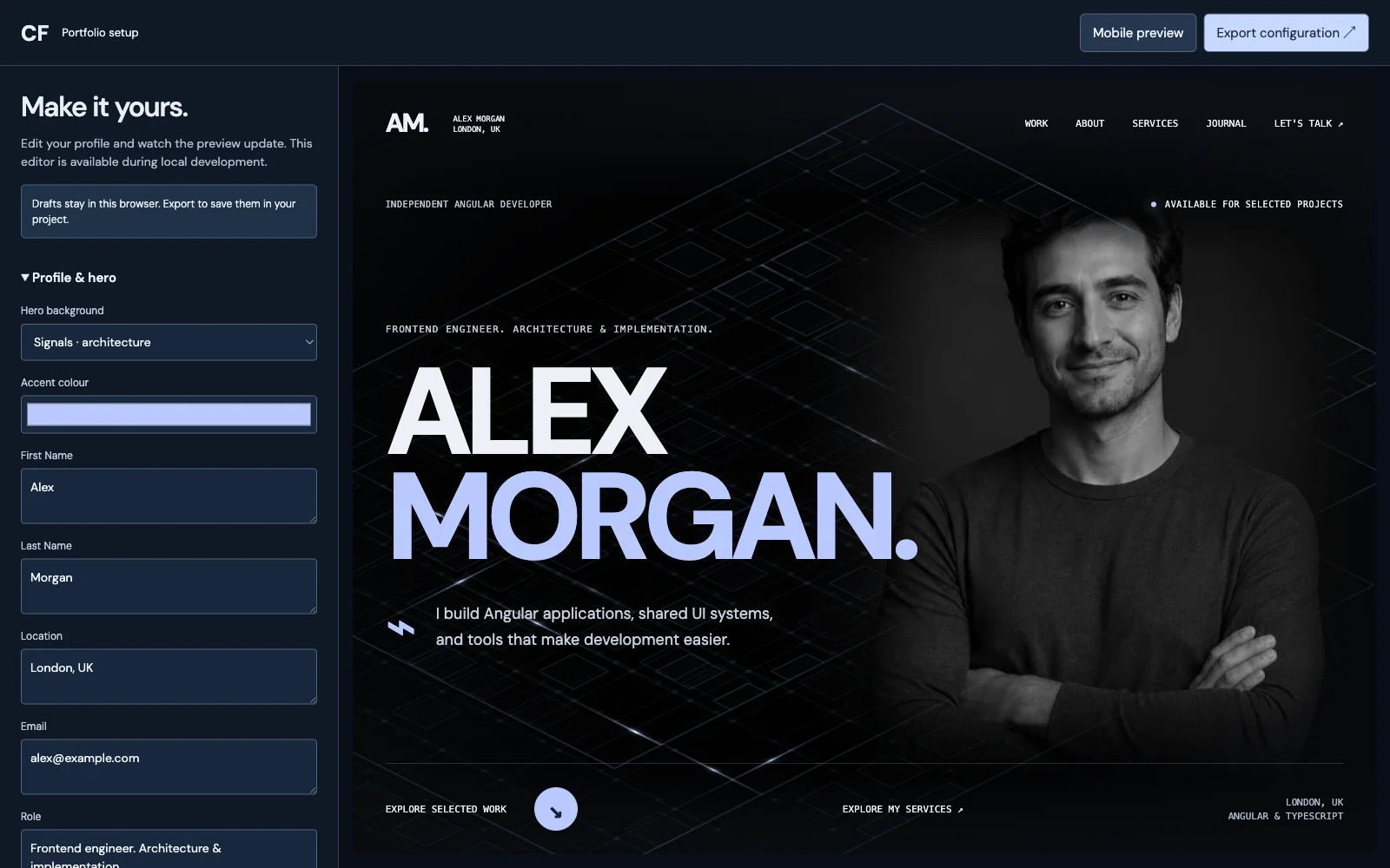 Local portfolio editor with profile fields and a live preview beside them