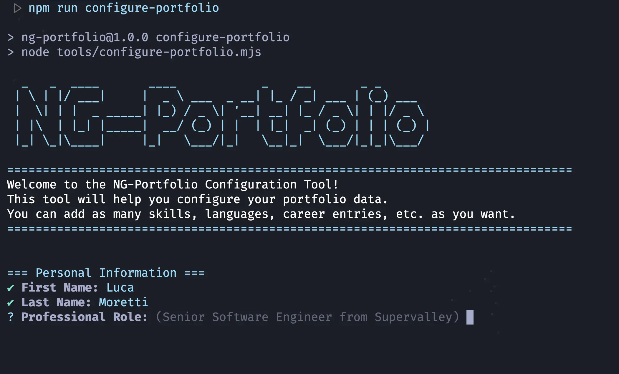 Portfolio configuration code example