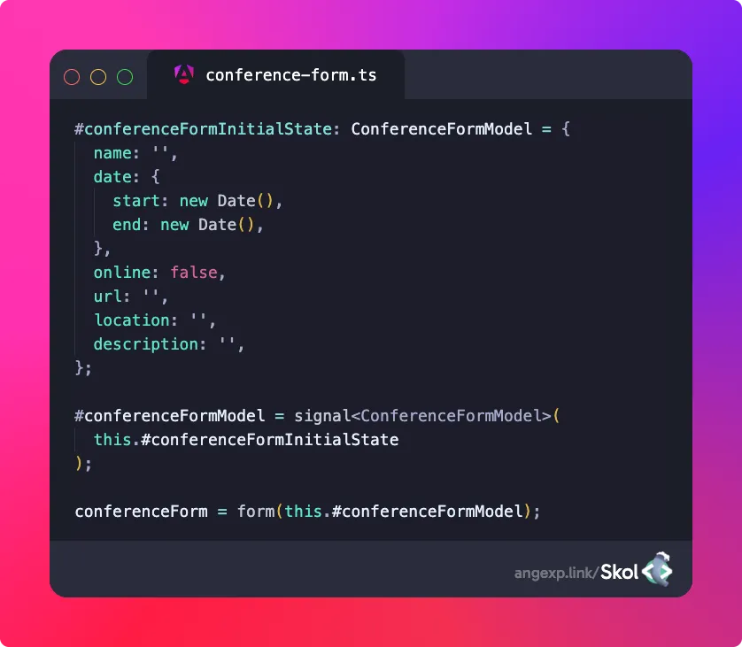 Signal Forms code snippet showing a typed model signal and form call